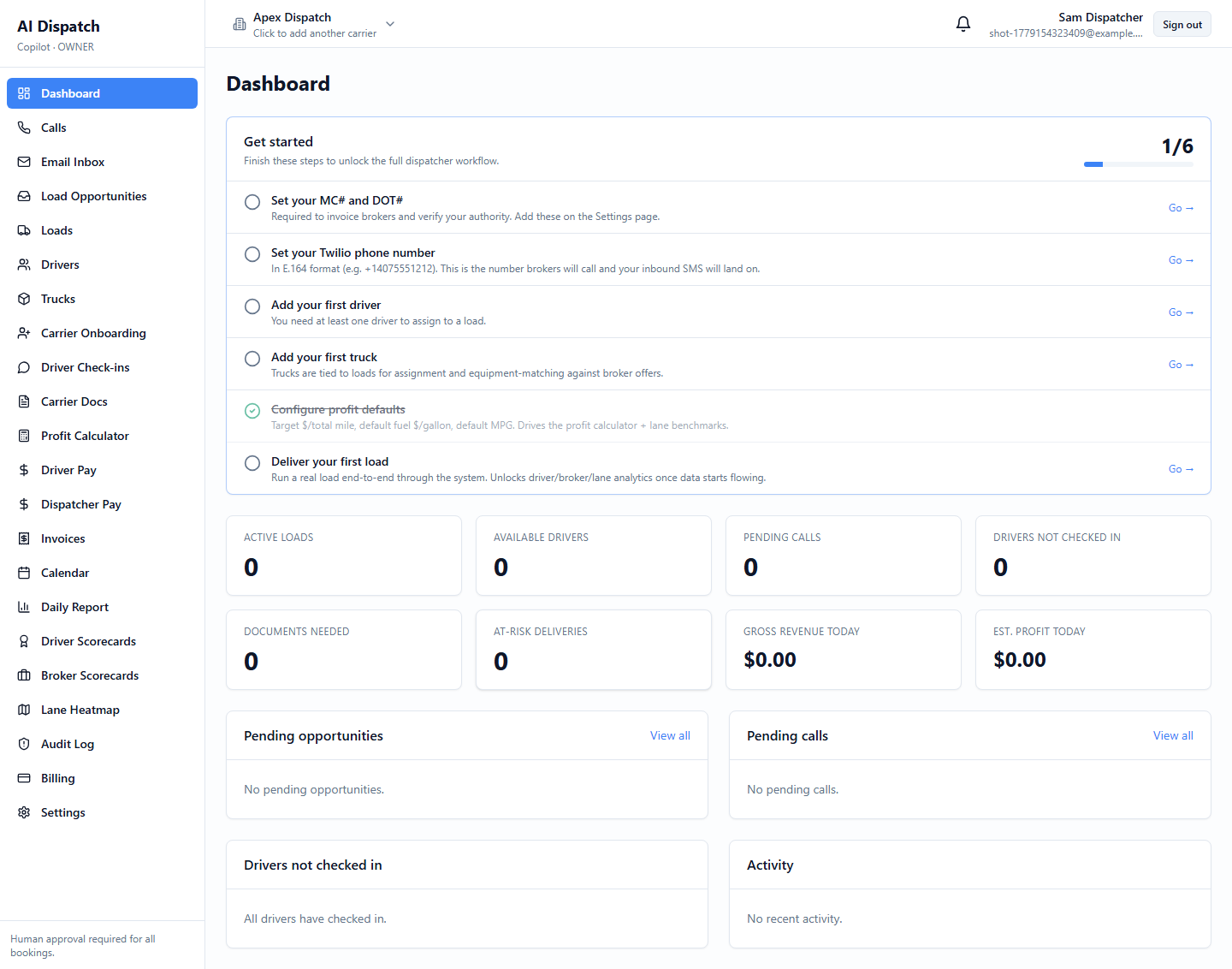 Dispatcher dashboard with onboarding checklist and operational stat cards