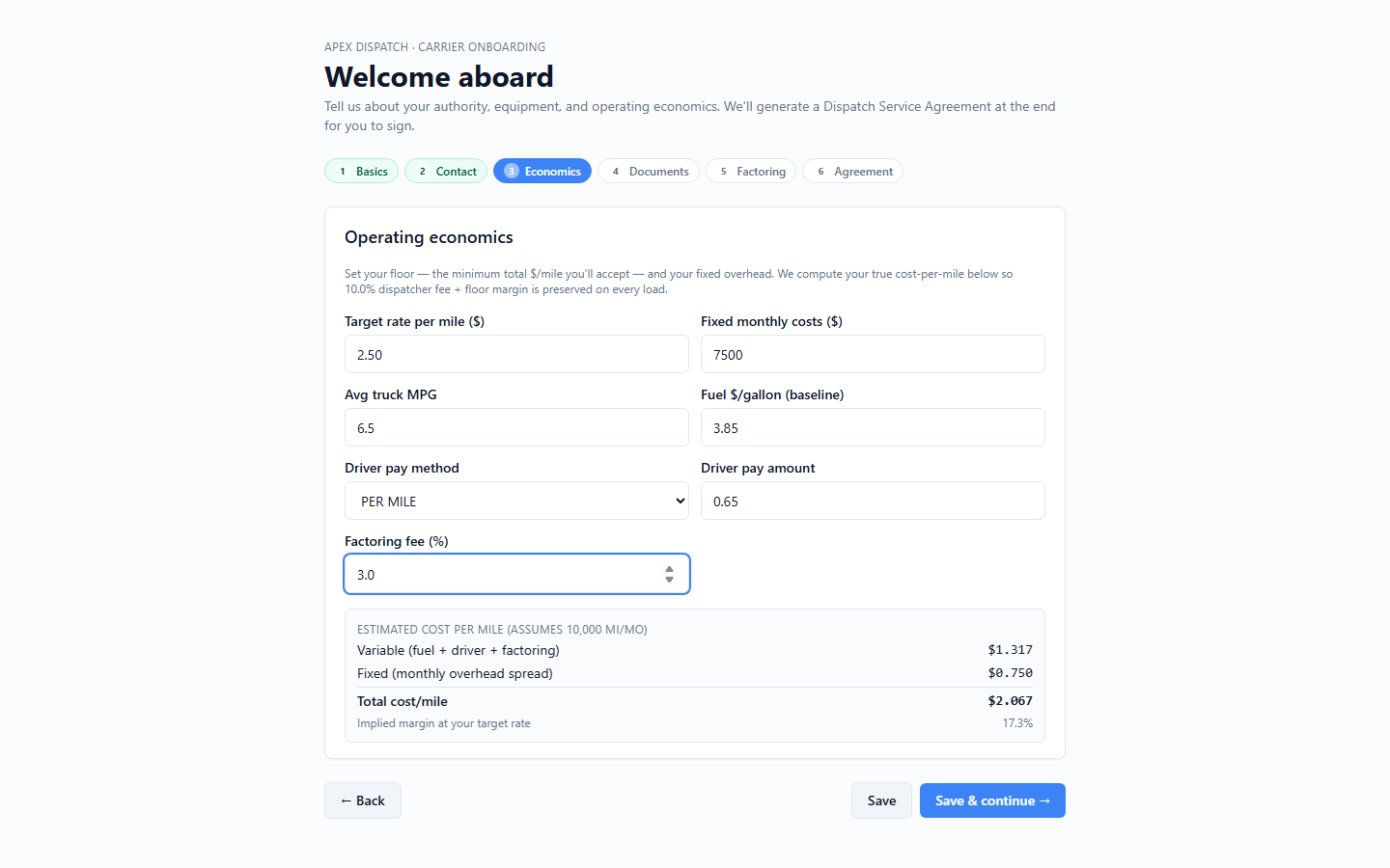 Carrier onboarding wizard, Economics step — live cost-per-mile calculator showing variable + fixed costs and implied margin