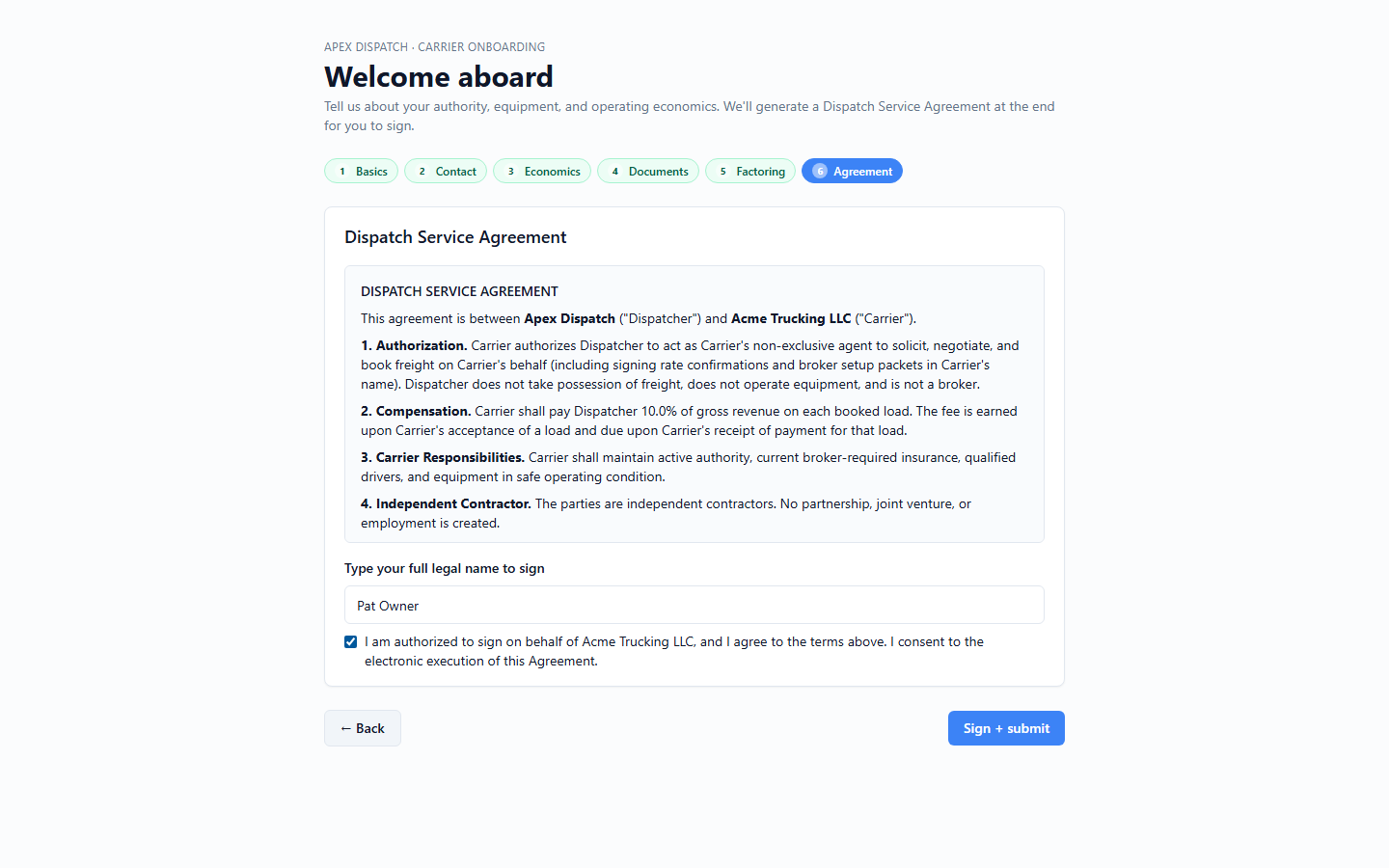 Carrier onboarding wizard, Agreement step — e-signing the Dispatch Service Agreement